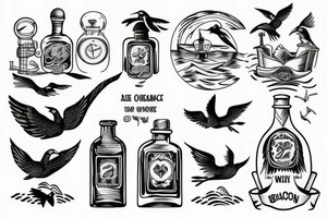 bird over the ocean with message in a bottle scene tattoo idea