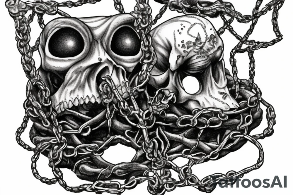 frog sitting on a moss covered human skull surrounded by chains and cypress branches tattoo idea