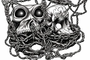 frog sitting on a moss covered human skull surrounded by chains and cypress branches tattoo idea