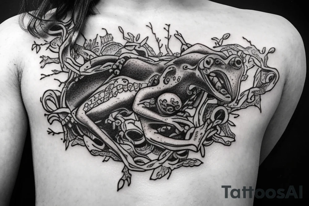 frog sitting on a moss covered human skull surrounded by chains and cypress branches tattoo idea