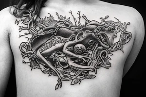 frog sitting on a moss covered human skull surrounded by chains and cypress branches tattoo idea