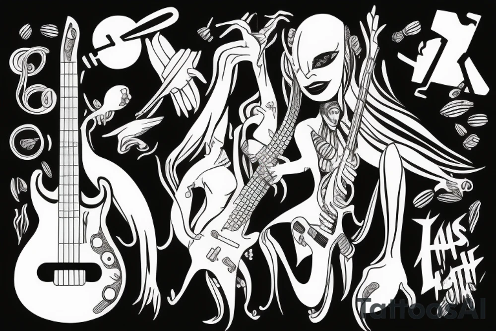 Female Alien with bass guitar tattoo idea