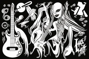 Female Alien with bass guitar tattoo idea