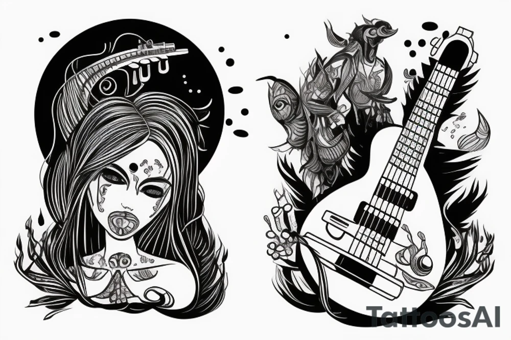 Female Alien with bass guitar tattoo idea