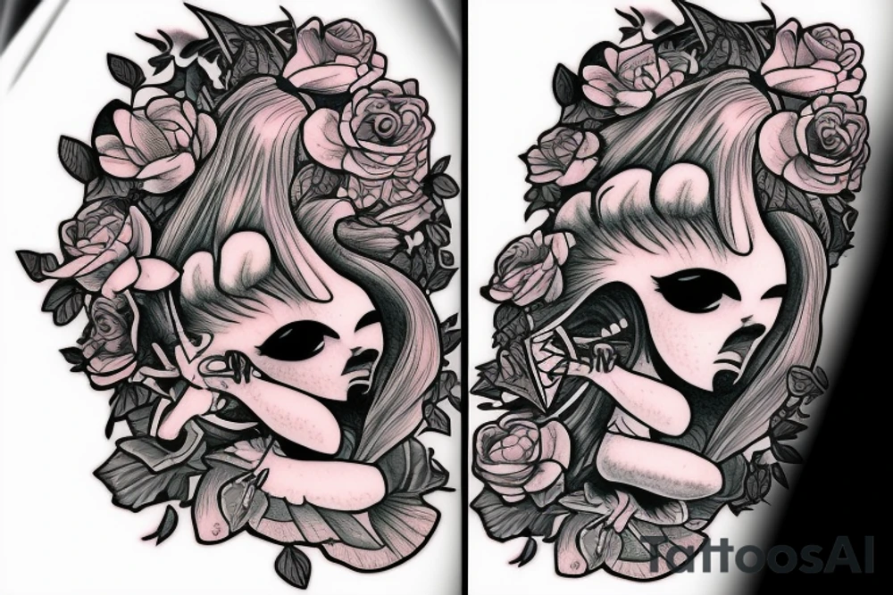 Female alien playing the bass with flowers tattoo idea