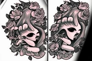 Female alien playing the bass with flowers tattoo idea