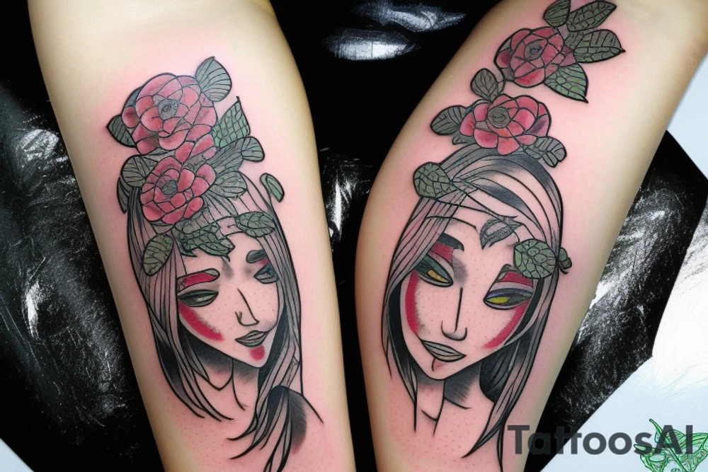 Female alien playing the bass with flowers tattoo idea