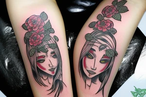 Female alien playing the bass with flowers tattoo idea
