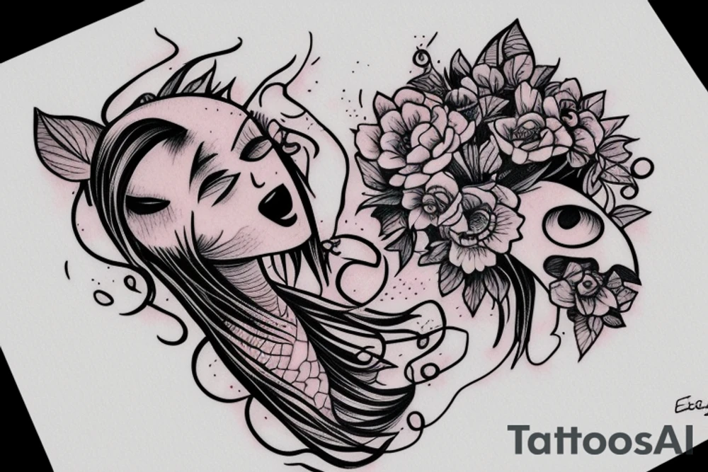 Female alien playing the bass with flowers tattoo idea