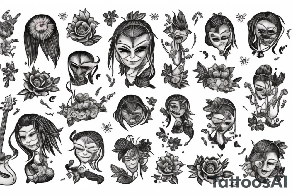 Female alien playing the bass with flowers tattoo idea