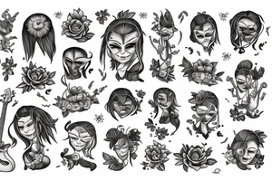 Female alien playing the bass with flowers tattoo idea