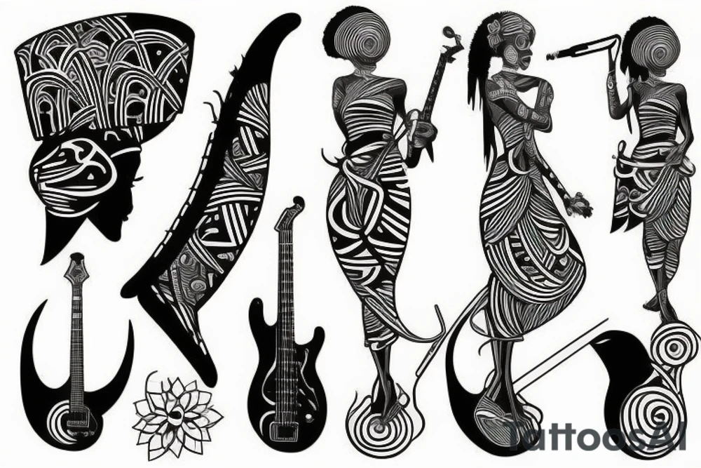 Cool african goddess with the bass guitar tattoo idea
