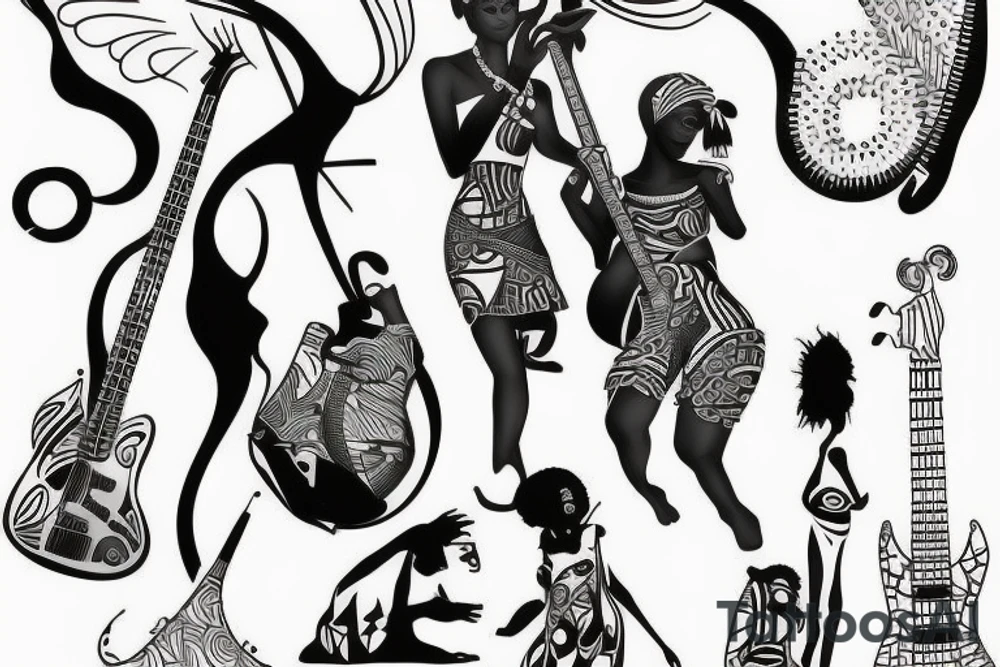 Cool african goddess with the bass guitar tattoo idea