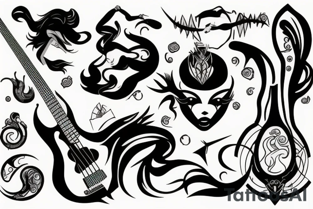 Cool mythical goddess with the bass guitar tattoo idea