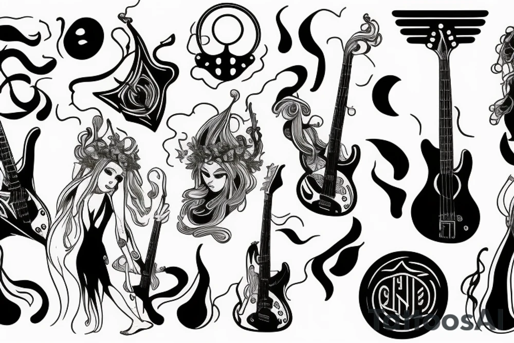 Cool mythical goddess with the bass guitar tattoo idea
