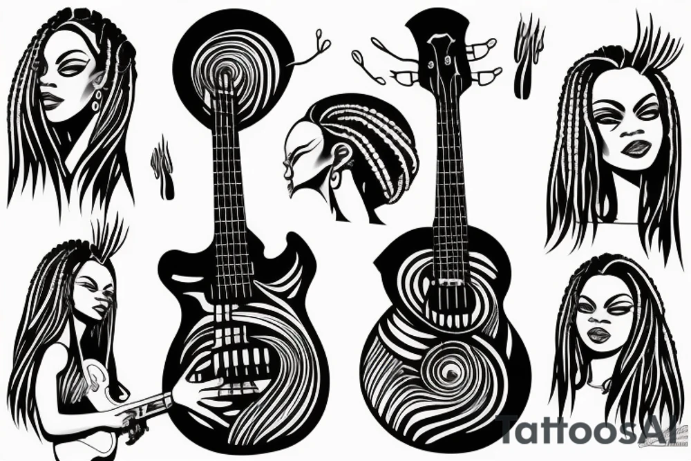 Girl with locs and bass guitar tattoo idea