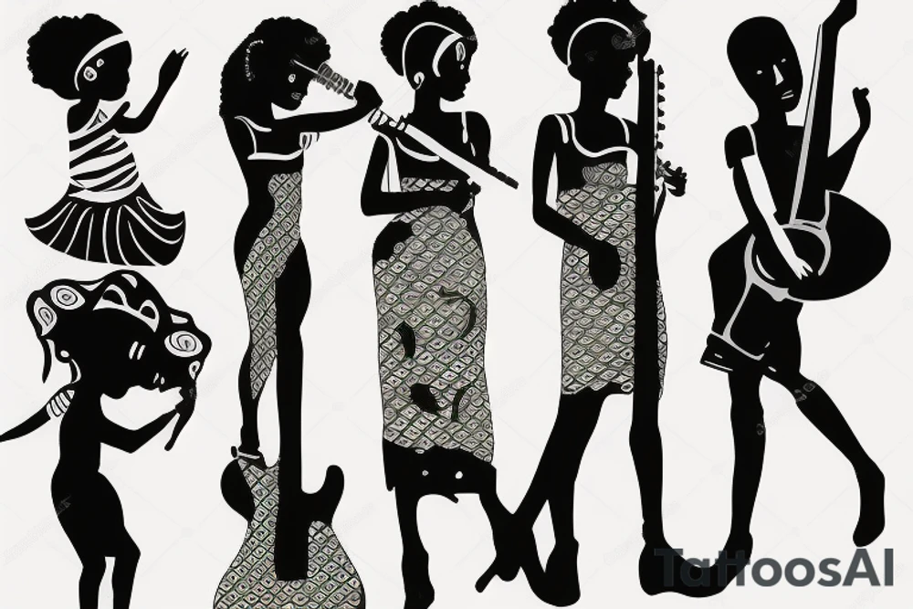 African girl with bass guitar tattoo idea