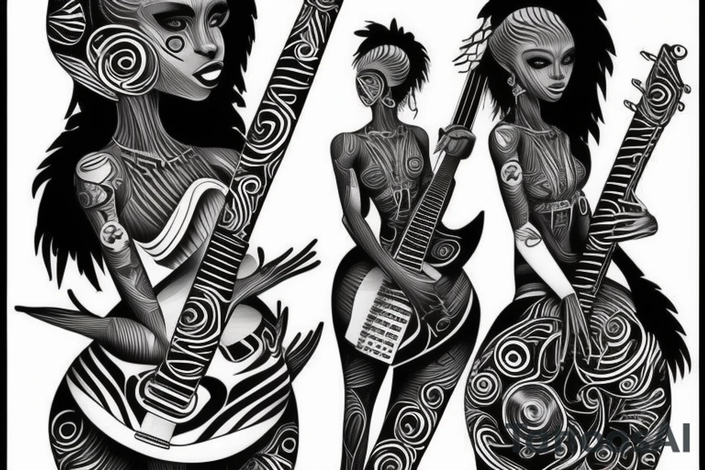 African girl with bass guitar tattoo idea
