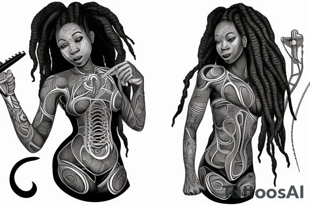 African girl with locs and bass guitar tattoo idea