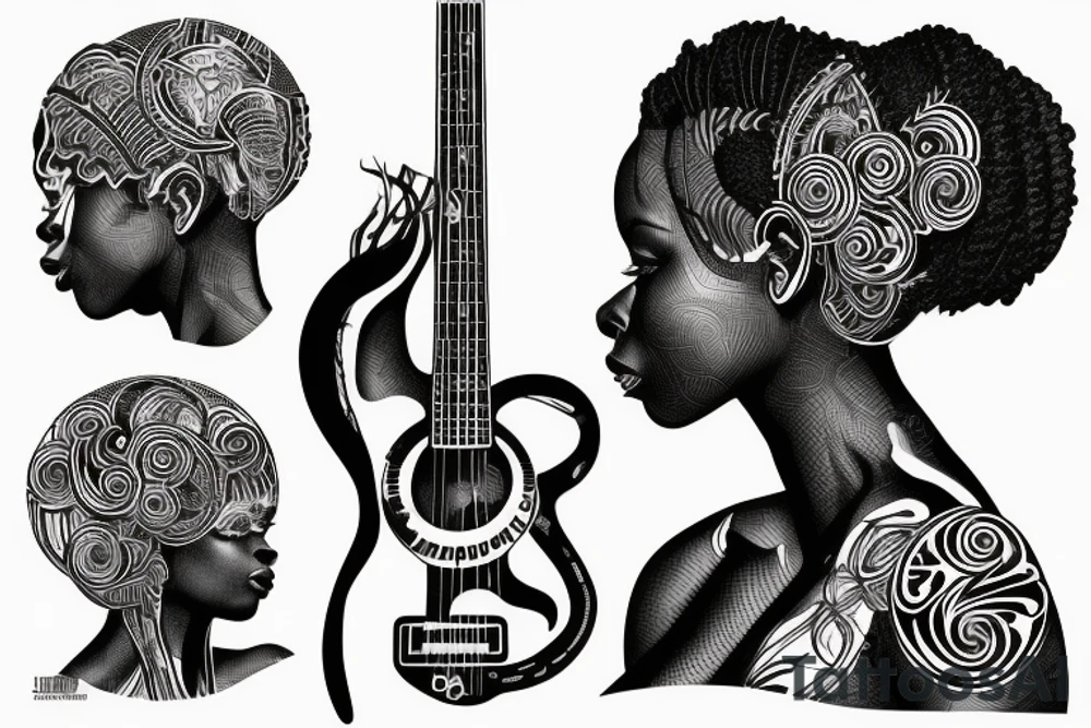 African girl with locs and bass guitar tattoo idea