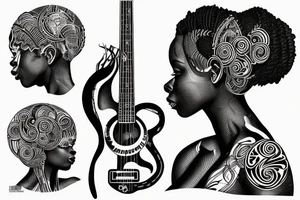 African girl with locs and bass guitar tattoo idea