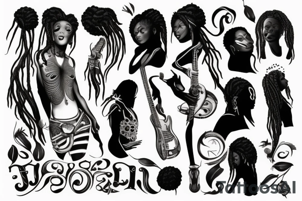 African girl with locs and bass guitar tattoo idea