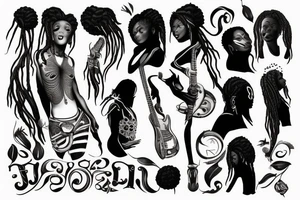 African girl with locs and bass guitar tattoo idea