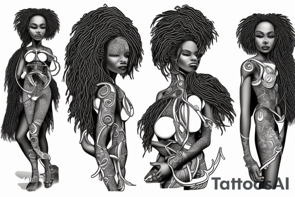 African girl with locs and bass guitar tattoo idea