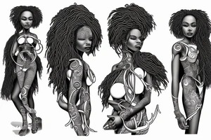 African girl with locs and bass guitar tattoo idea