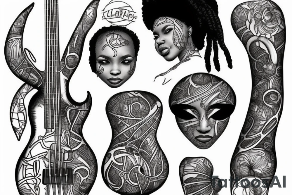 African girl with locs and bass guitar tattoo idea