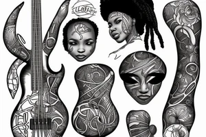 African girl with locs and bass guitar tattoo idea