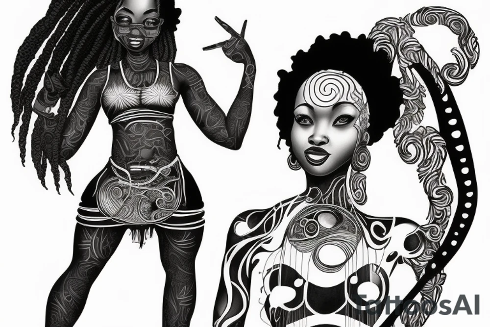 African girl with locs and bass guitar tattoo idea