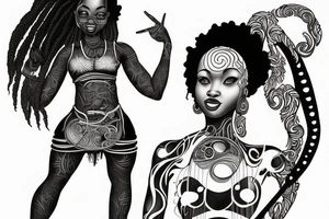 African girl with locs and bass guitar tattoo idea