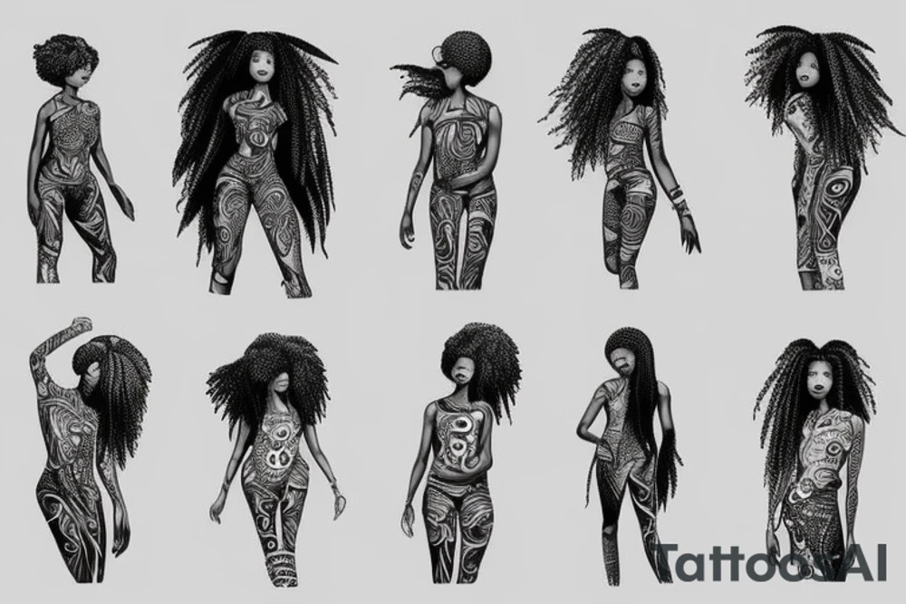 African girl with locs and bass guitar tattoo idea