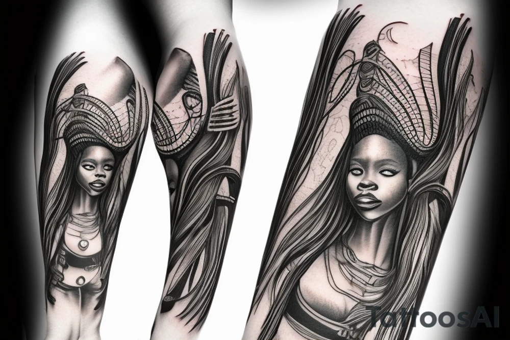 African girl with locs and bass guitar tattoo idea