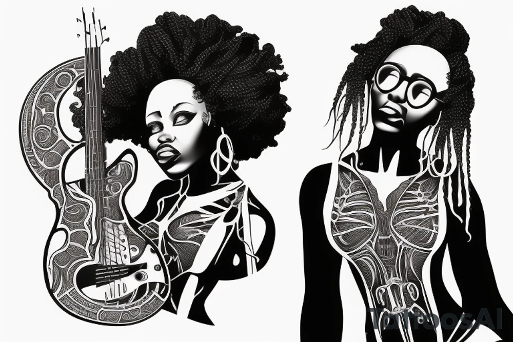 African girl with locs and bass guitar tattoo idea