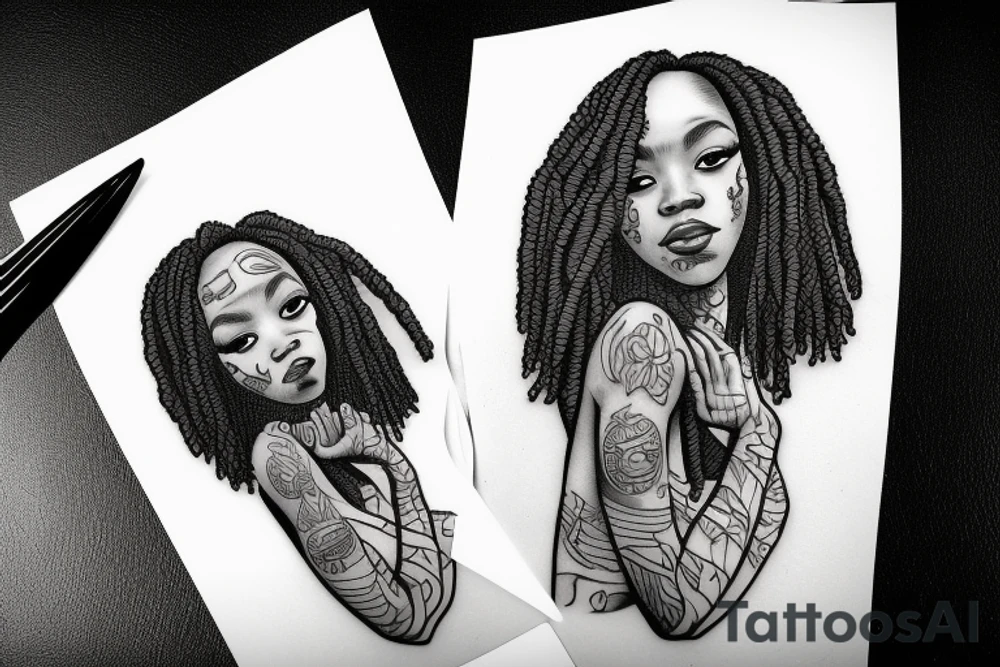 African girl with locs and bass guitar tattoo idea