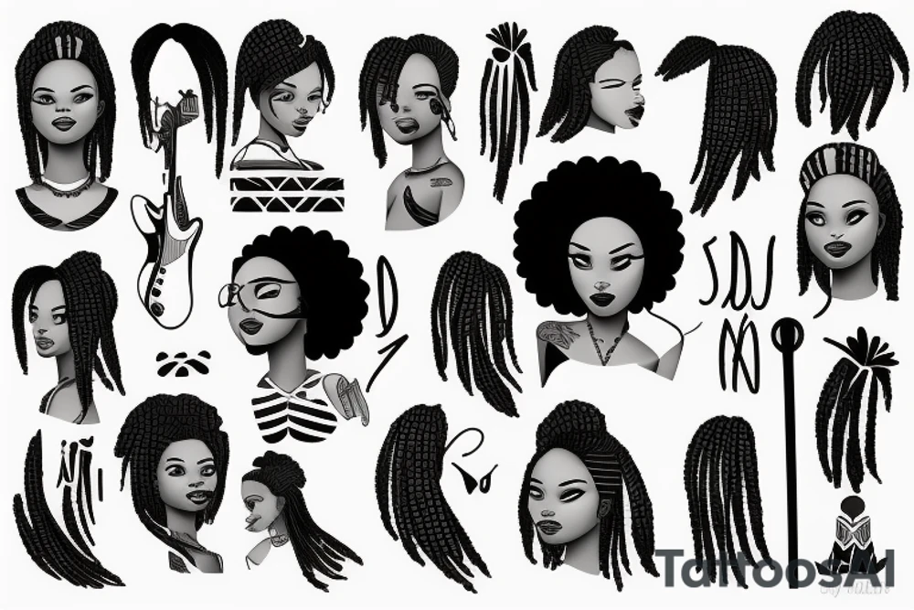 African girl with locs and bass guitar tattoo idea