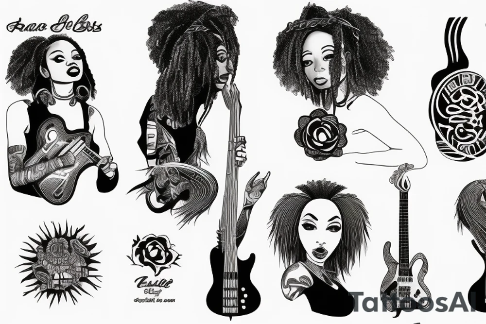 African girl with locs and bass guitar tattoo idea