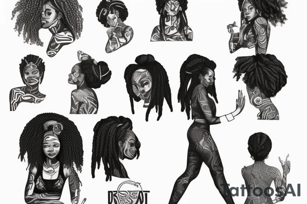 African girl with locs and bass guitar tattoo idea