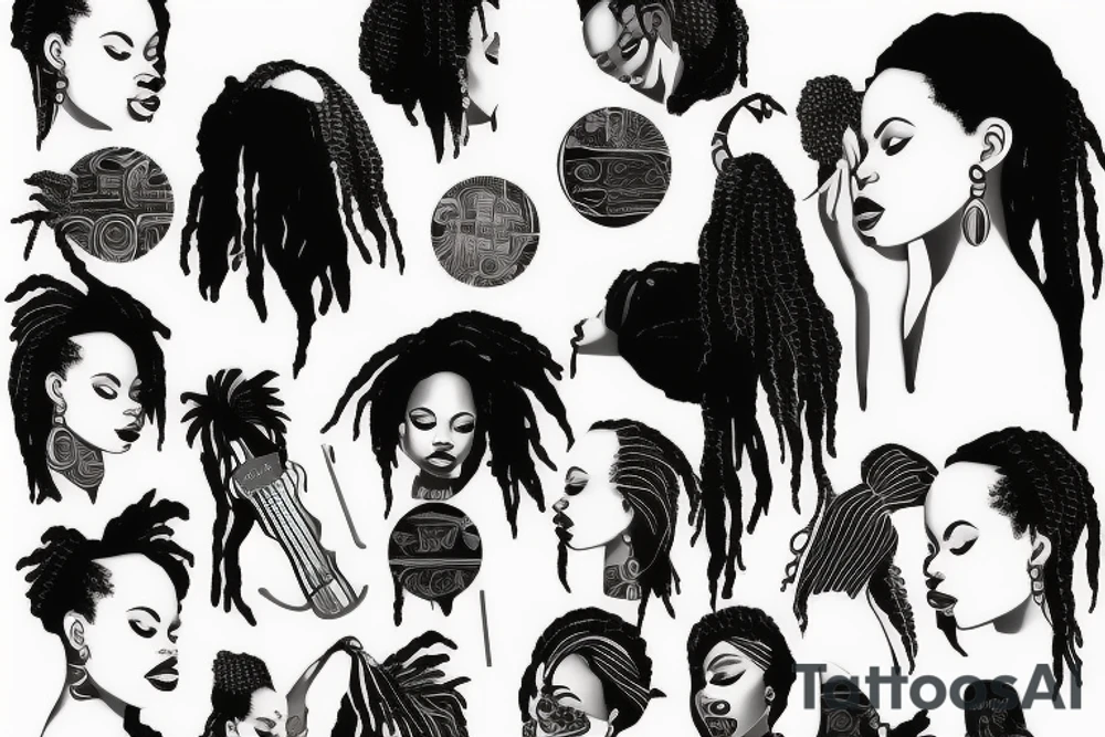 African girl with locs and bass guitar tattoo idea