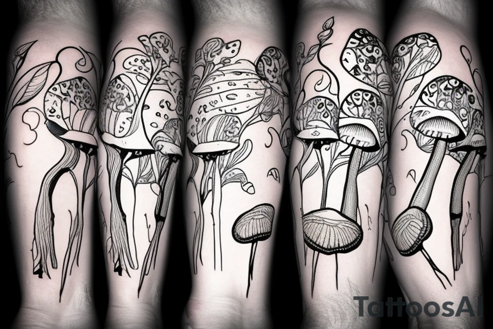 mushroom with woman’s legs tattoo idea