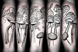 mushroom with woman’s legs tattoo idea