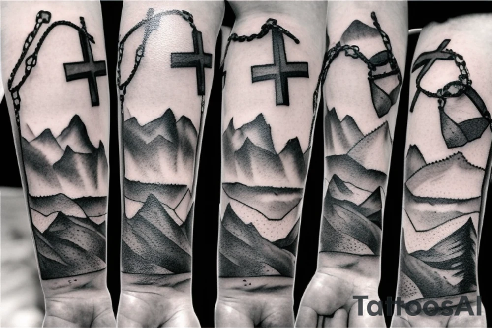 Mountains and clouds shaded and faded with 3 crosses at the top with chains going around the arm tattoo idea