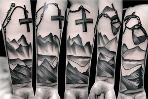 Mountains and clouds shaded and faded with 3 crosses at the top with chains going around the arm tattoo idea