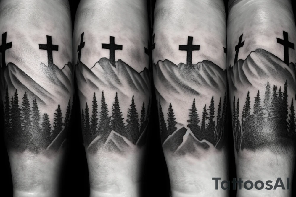 Mountains and clouds shaded and faded with 3 crosses at the top with chains going around the arm tattoo idea