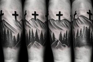 Mountains and clouds shaded and faded with 3 crosses at the top with chains going around the arm tattoo idea