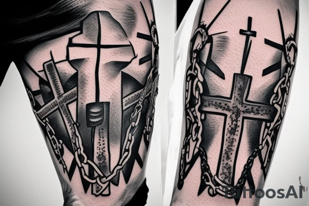 Mountains and clouds shaded and faded with 3 crosses at the top with chains going around the arm tattoo idea