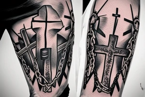 Mountains and clouds shaded and faded with 3 crosses at the top with chains going around the arm tattoo idea