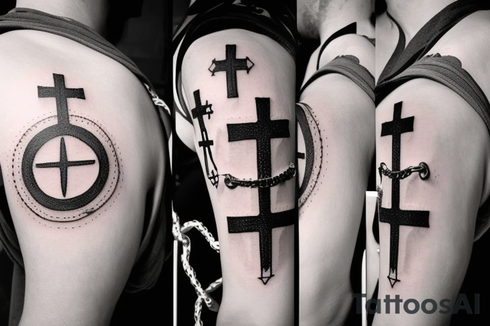 Mountains and clouds shaded and faded with 3 crosses at the top with chains going around the arm tattoo idea